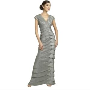 Adrianna Papell Occasions Tiered Crinkle Gown Dress in silver Grey Evening Weddi